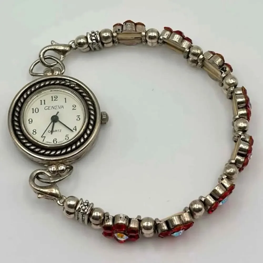 Silver & Red Floral Geneva Watch
